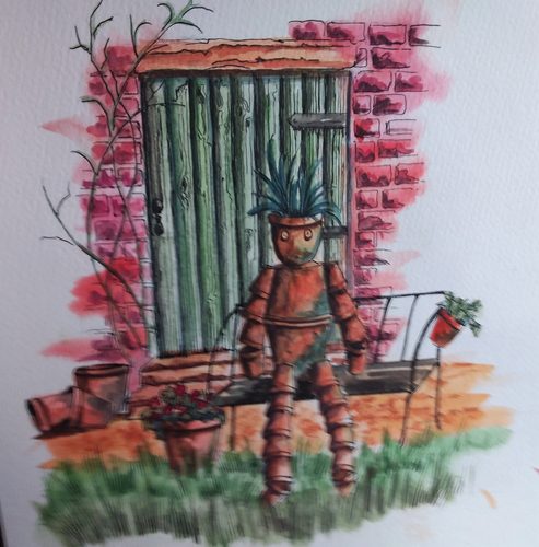 Chris B, Flowerpot Man, pen and watercolour.